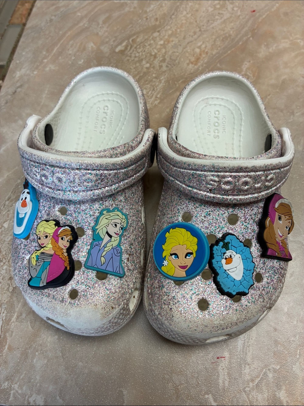 Toddler size 8 CROCS clogs Purple Glitter with Frozen Charms